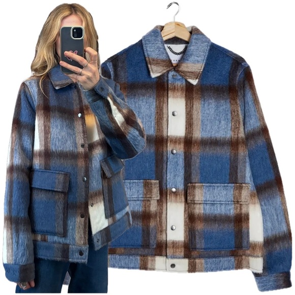 Topshop Jackets & Blazers - Topshop Blue Brown Cream Plaid Quilted Faux Fur Oversized Jacket Shacket